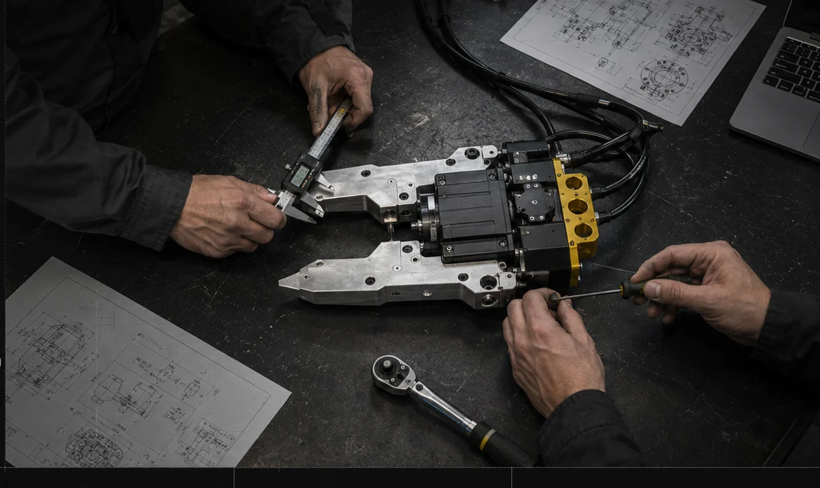 Engineers measuring and assembling a gripper at the bench
