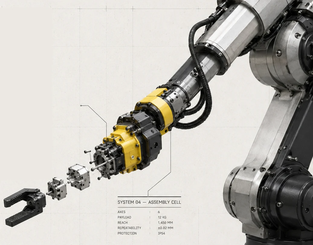Six-axis robotic assembly cell with exploded gripper