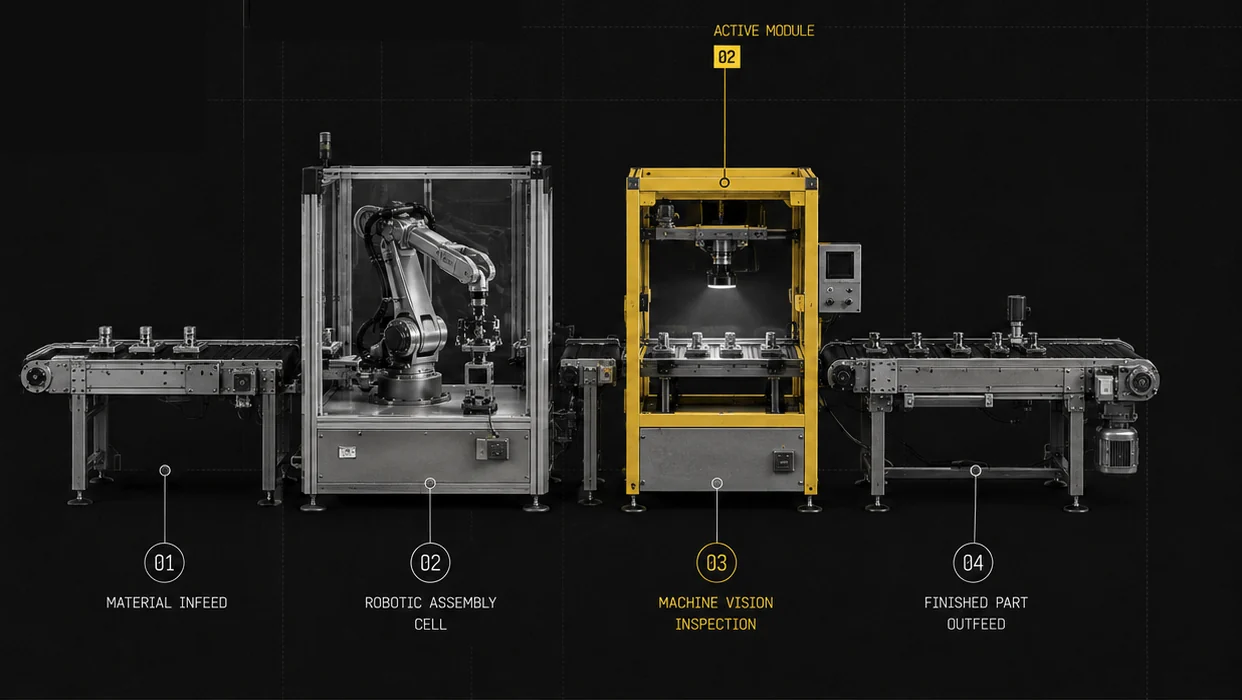 Production line system map — infeed, robotic assembly, machine vision, outfeed